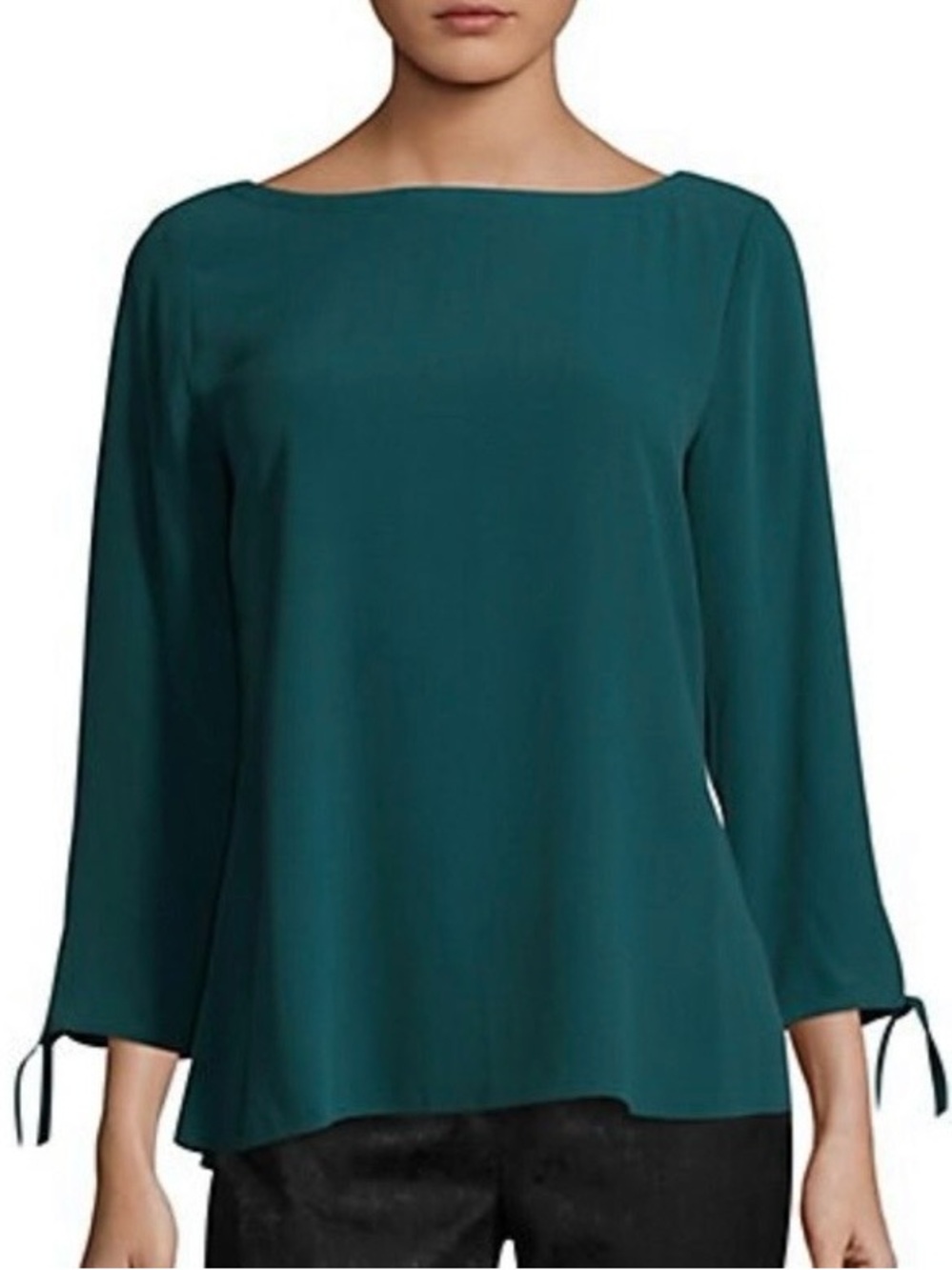 Eileen Fisher 100% Silk Georgette Crepe Teal Jewel Tone Bateau Neck Tunic M